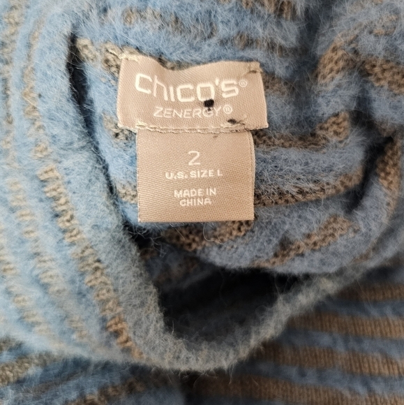 Chicos gray blue striped long sleeve turtleneck fuzzy comfy sweater size 2 US L - Picture 2 of 8